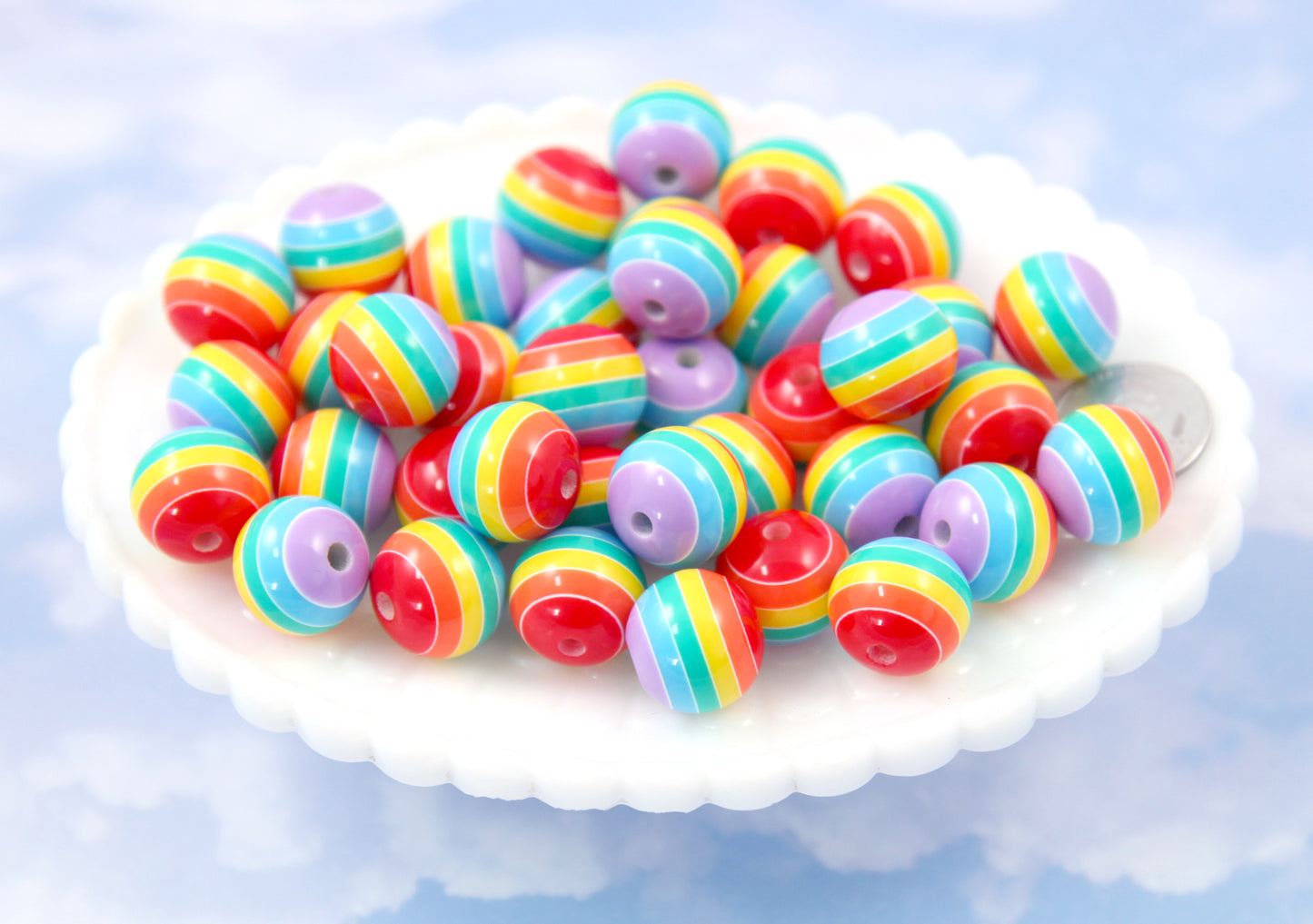 Rainbow Beads - 16mm Colorful Striped Resin Beads, multi color - 18 pc set