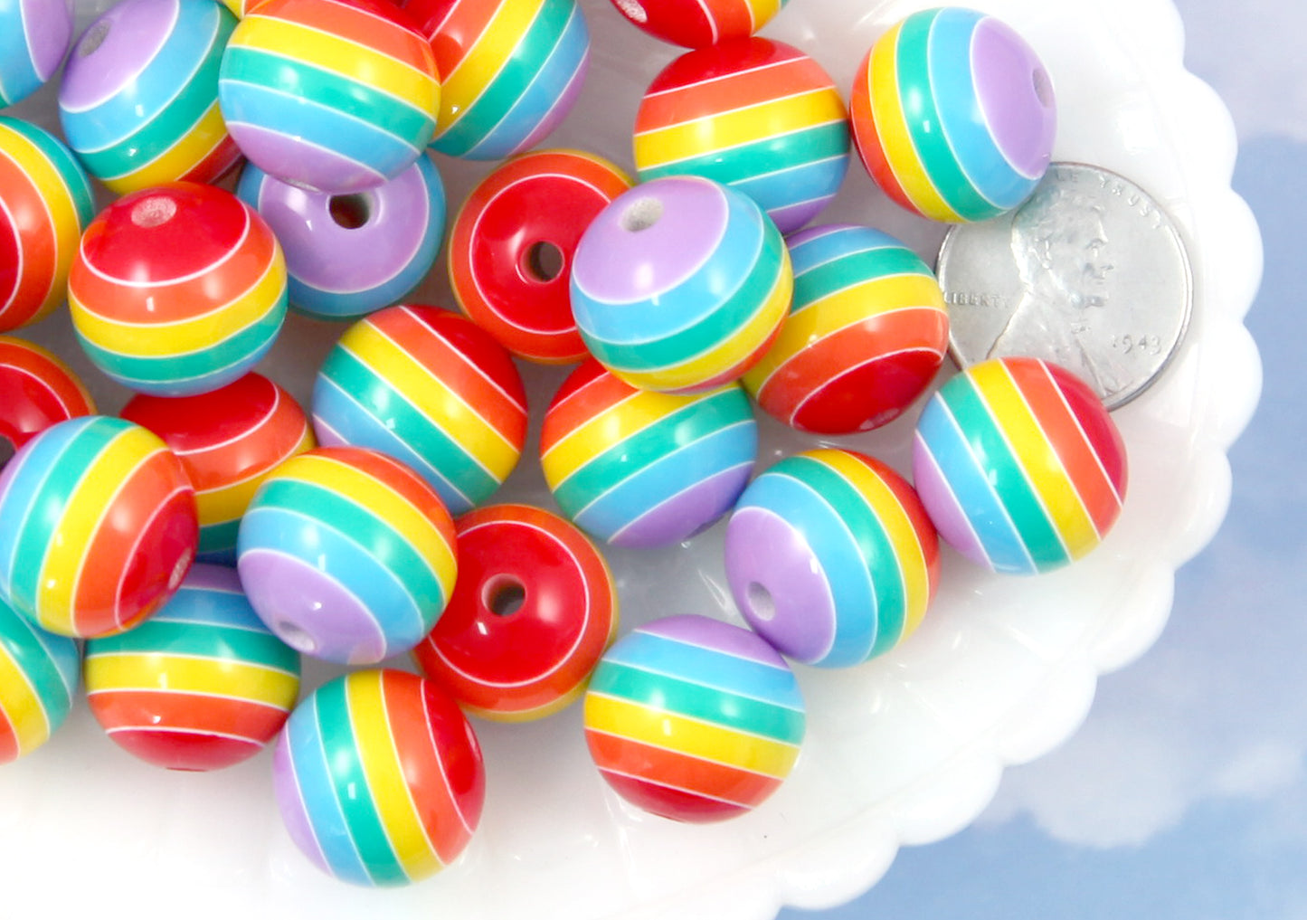 Rainbow Beads - 16mm Colorful Striped Resin Beads, multi color - 18 pc set