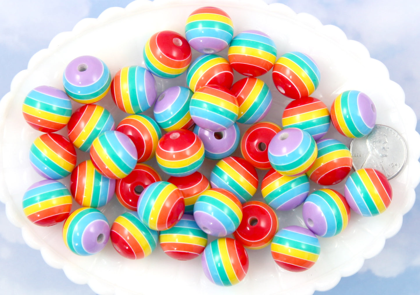 Rainbow Beads - 16mm Colorful Striped Resin Beads, multi color - 18 pc set