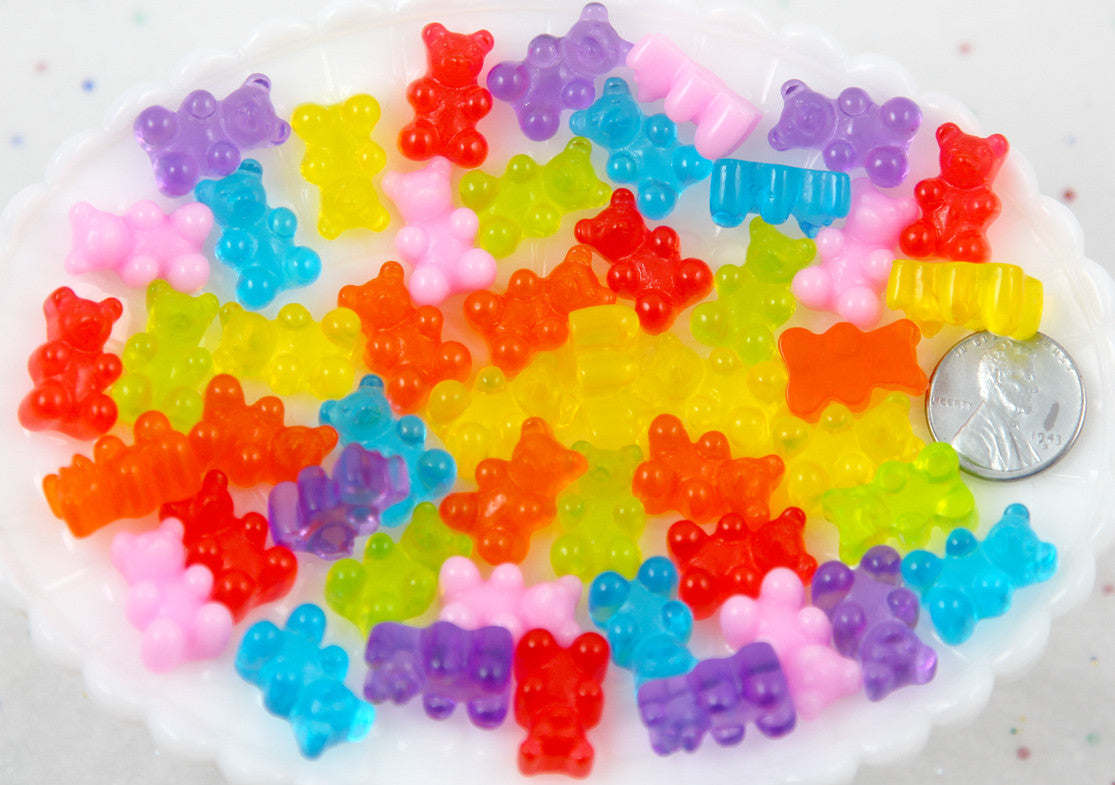 Fake Gummy Bears - 17mm Little Bright Color Fake Gummy Bears Resin Flatback Cabochons - 16 pc set