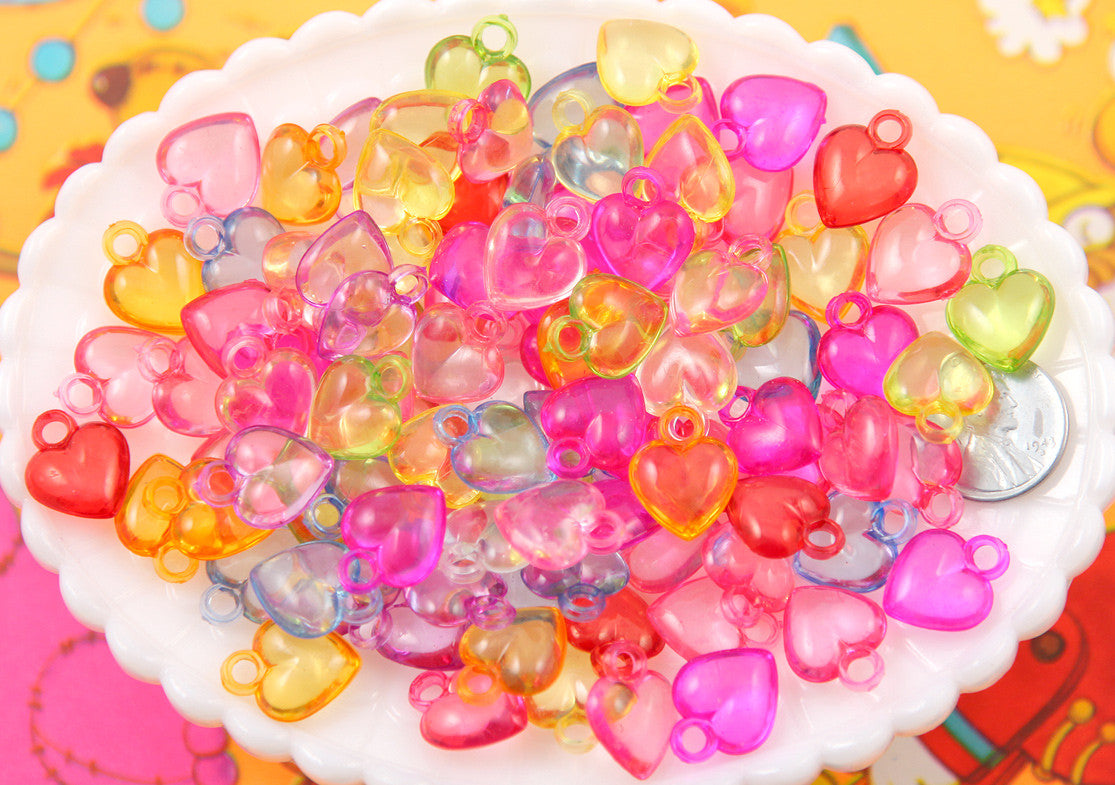 Tiny Heart Charms - 100 pieces - 17mm Little Transparent Heart Acrylic or Plastic Dangly Hearts Charms or Pendants
