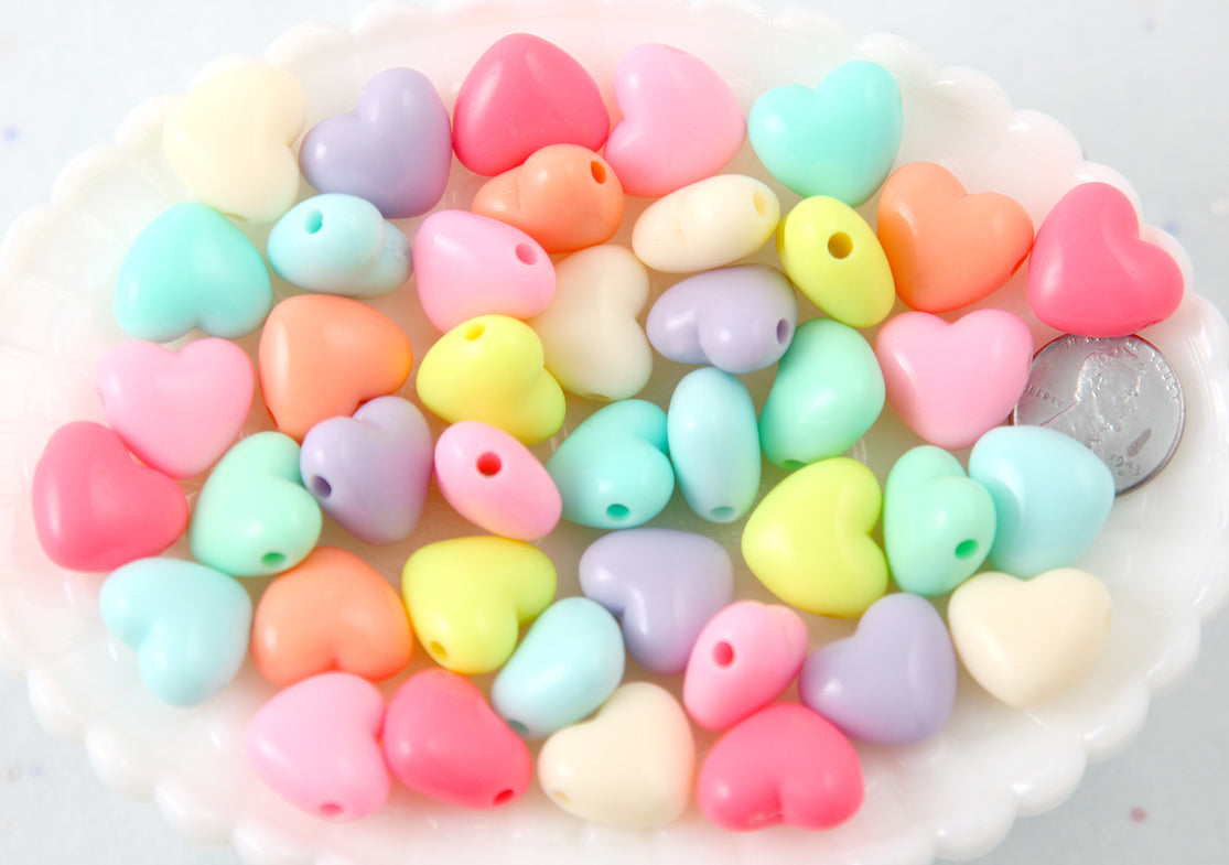 Pastel Heart Beads - 17mm Large Chunky 3D Convex Heart Beautiful Bright Pastel Puffy Hearts Acrylic or Resin Beads - 40 pcs set