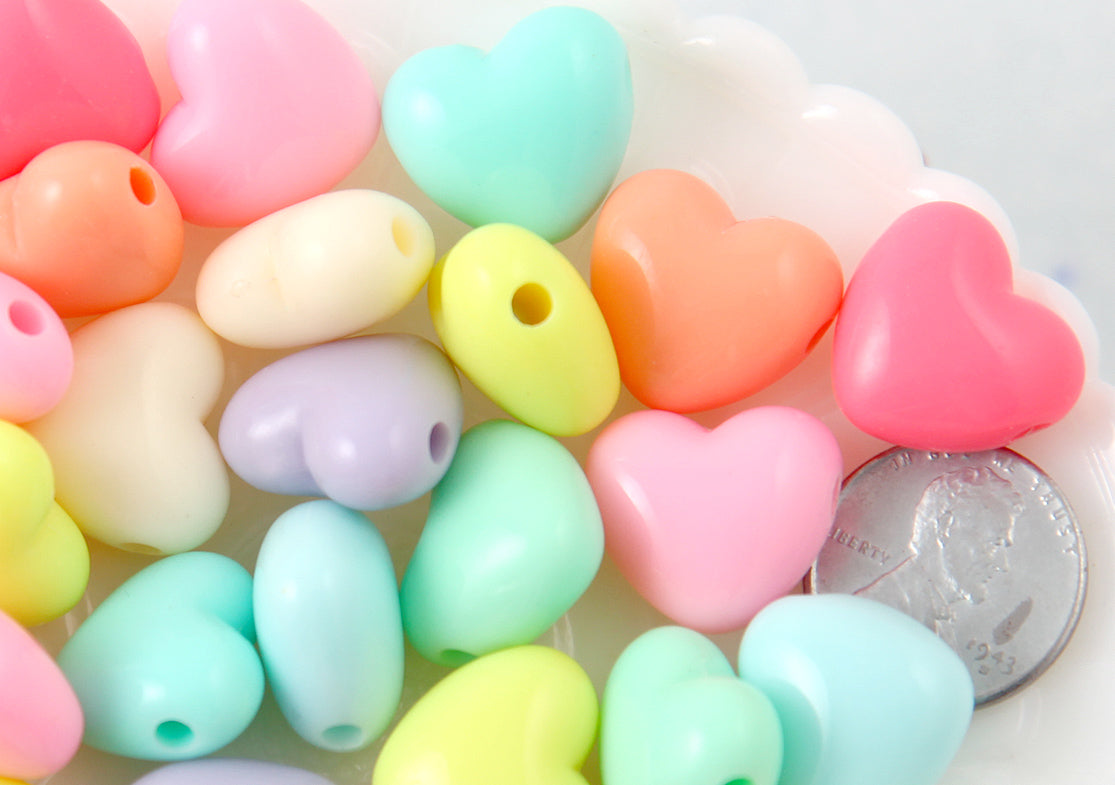 Pastel Heart Beads - 17mm Large Chunky 3D Convex Heart Beautiful Bright Pastel Puffy Hearts Acrylic or Resin Beads - 40 pcs set