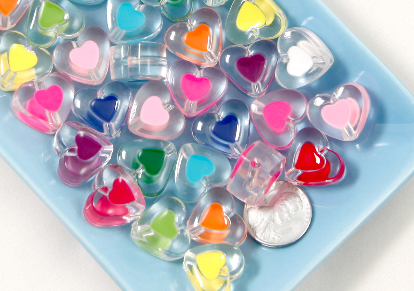 17mm Transparent Lovely Double Inner Heart Resin or Acrylic Beads - 20 pc set