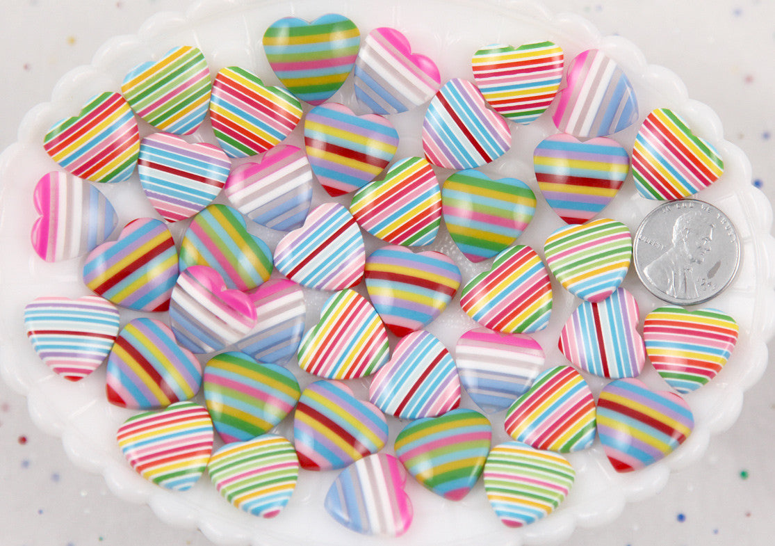 17mm Colorful Rainbow Striped Hearts Resin Flatback Cabochons - 12 pc set