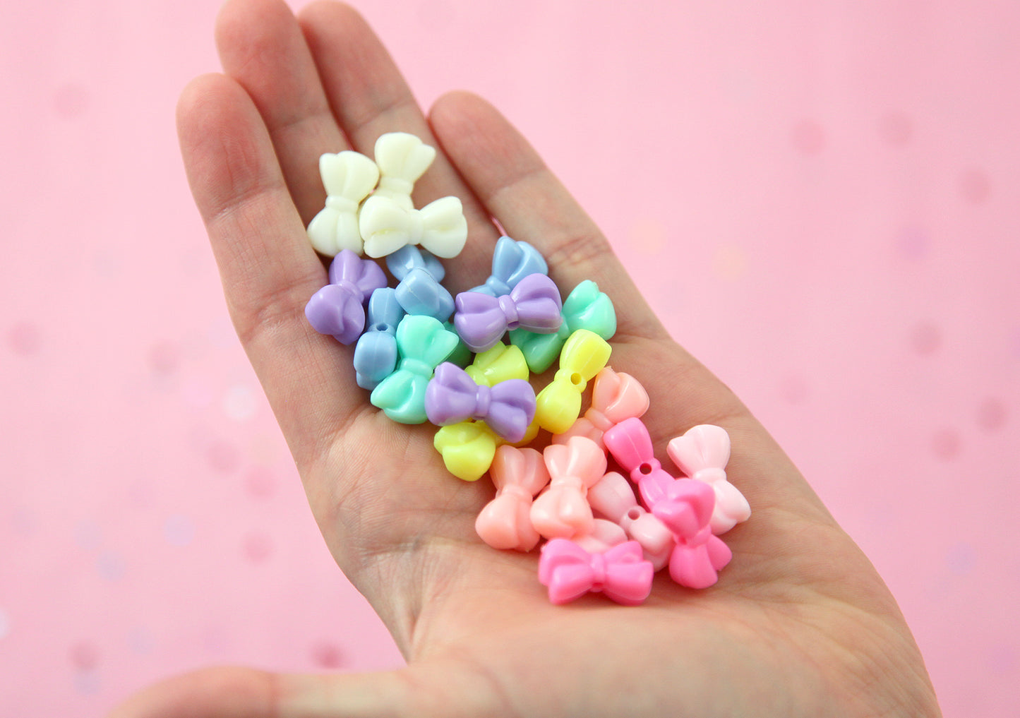 Pastel Beads - 18mm Beautiful Bright Small Cute Bow or Ribbon Shape Plastic Acrylic or Resin Beads - 80 pc set