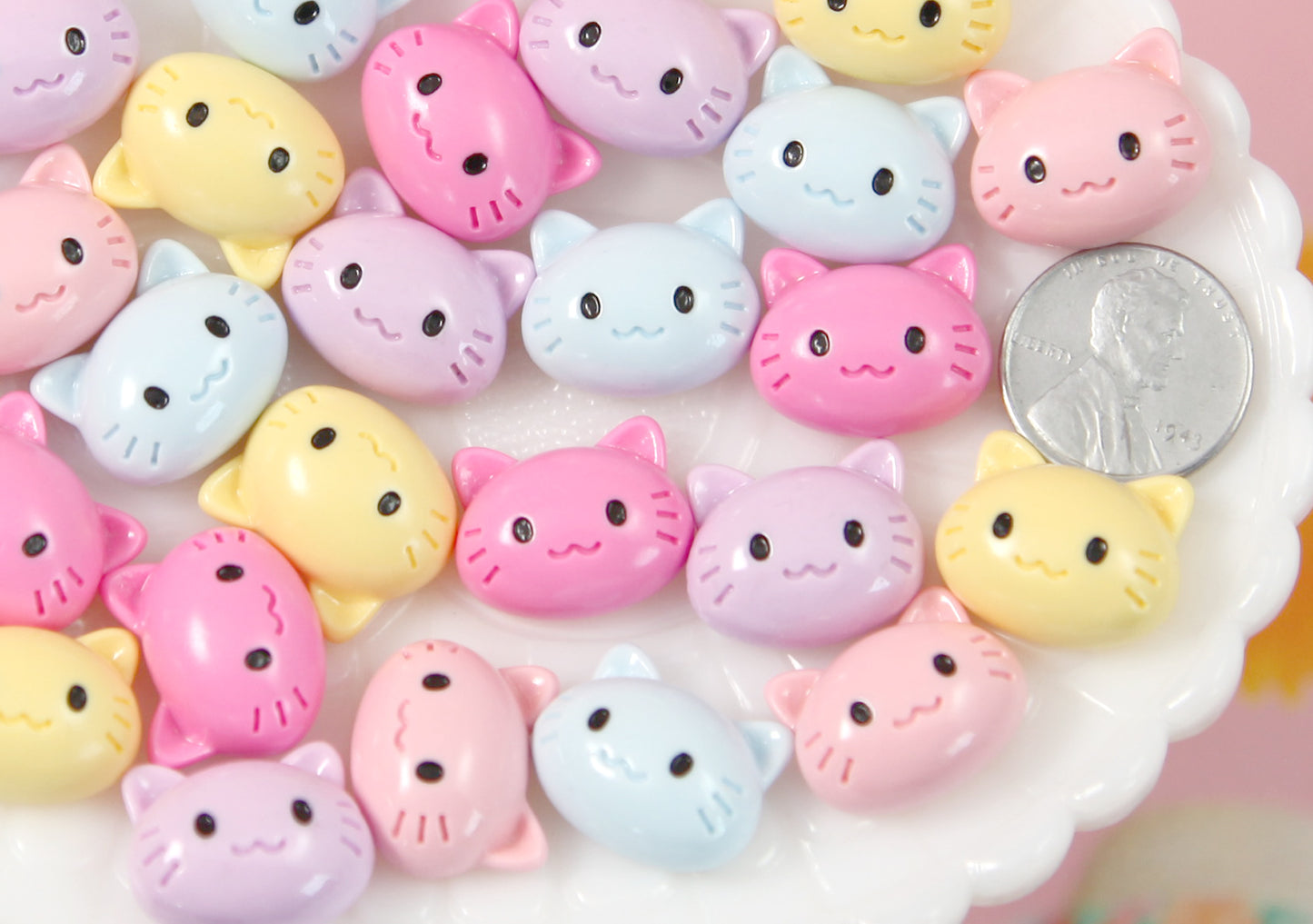 Pastel Cabochon - 18mm Cute Pastel Kitty Cat Flat Back Resin Cabochons - 10 pc set