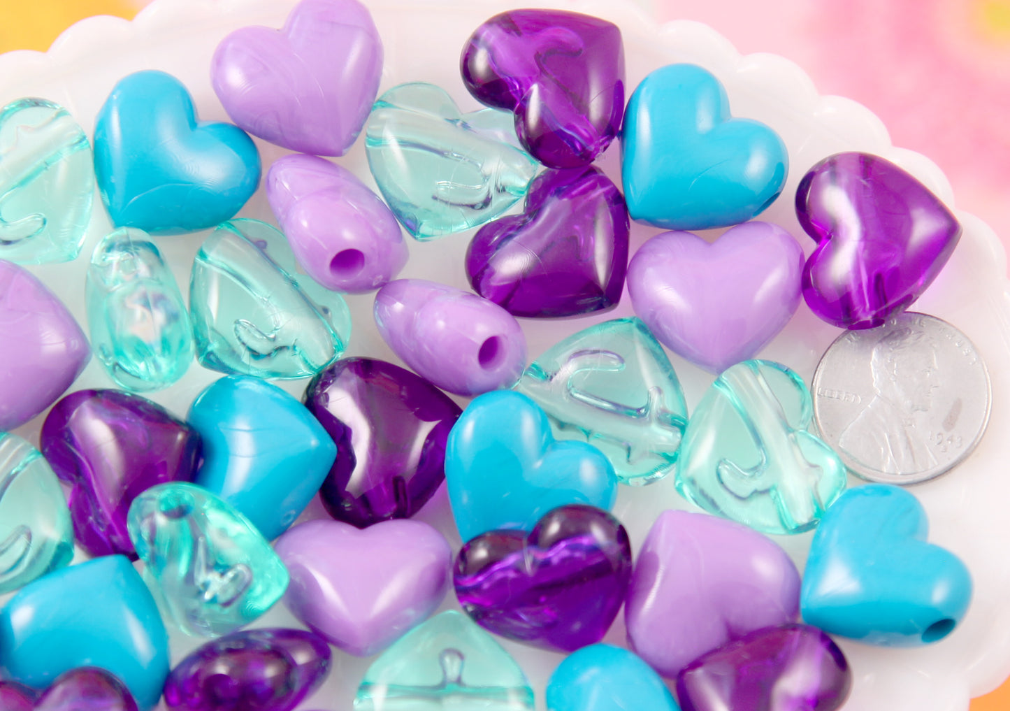 Plastic Heart Beads - 17mm Aqua Blue and Purple Mix Classic Puffy Heart Acrylic or Resin Beads - 24 pcs set