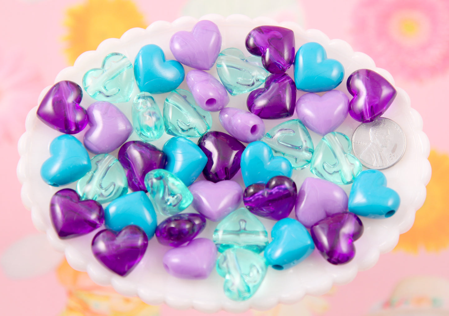 Plastic Heart Beads - 17mm Aqua Blue and Purple Mix Classic Puffy Heart Acrylic or Resin Beads - 24 pcs set