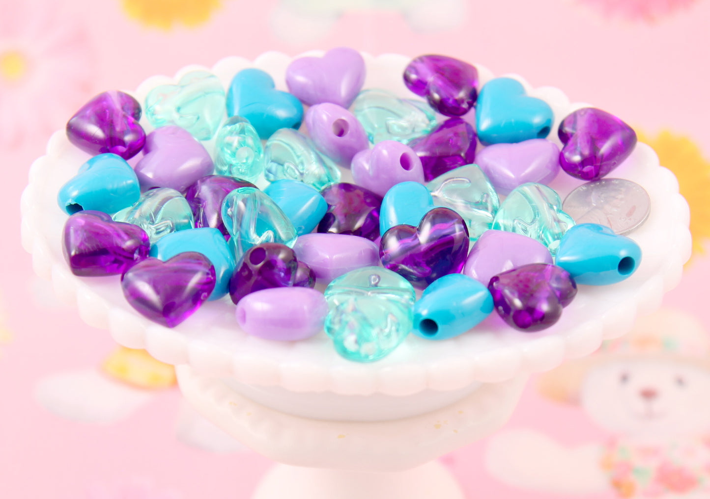 Plastic Heart Beads - 17mm Aqua Blue and Purple Mix Classic Puffy Heart Acrylic or Resin Beads - 24 pcs set