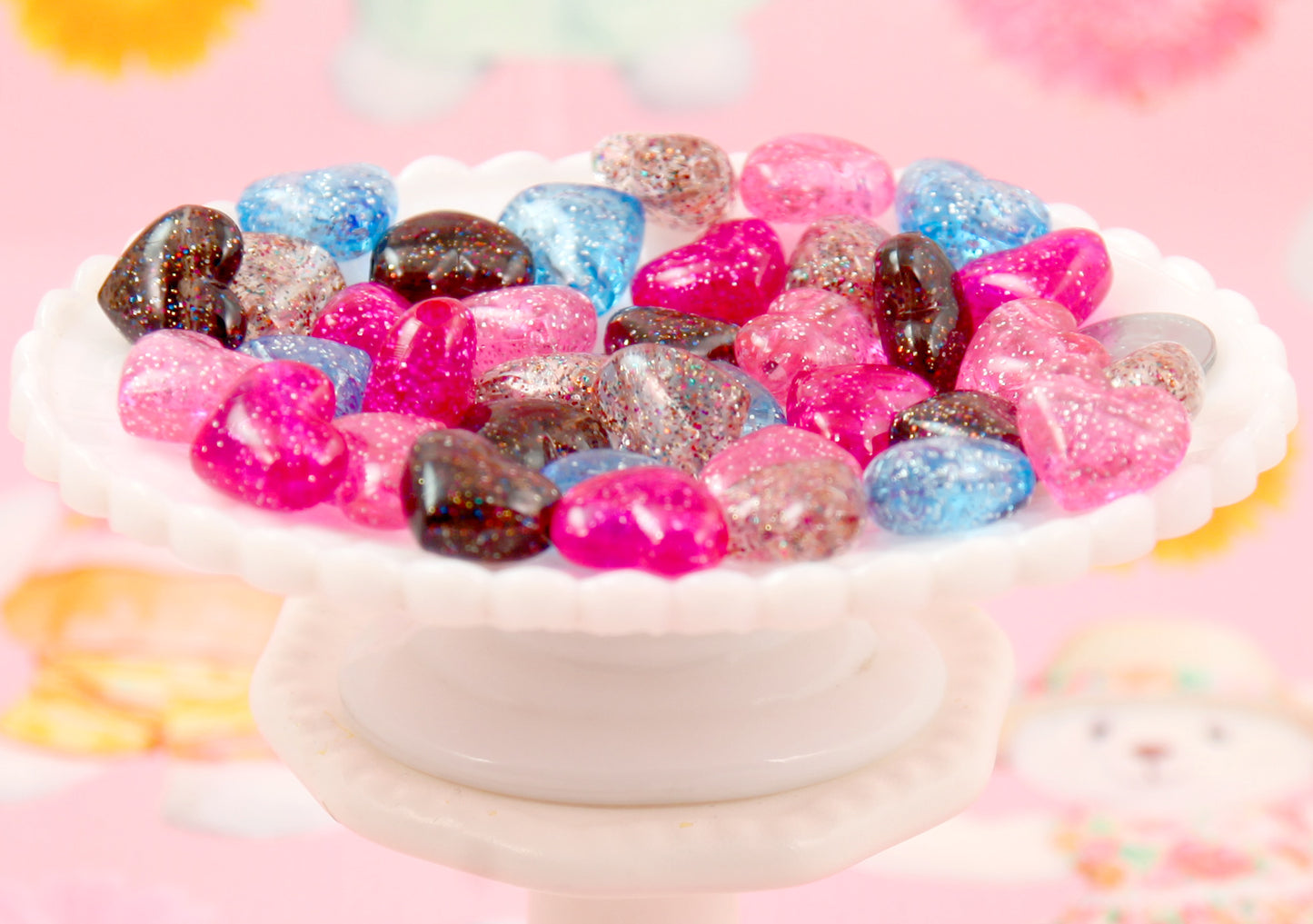 Glitter Heart Beads - 17mm Colorful Glitter Puffy Heart Acrylic or Resin Beads - 25 pcs set