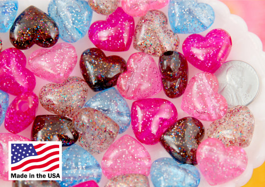 Glitter Heart Beads - 17mm Colorful Glitter Puffy Heart Acrylic or Resin Beads - 25 pcs set