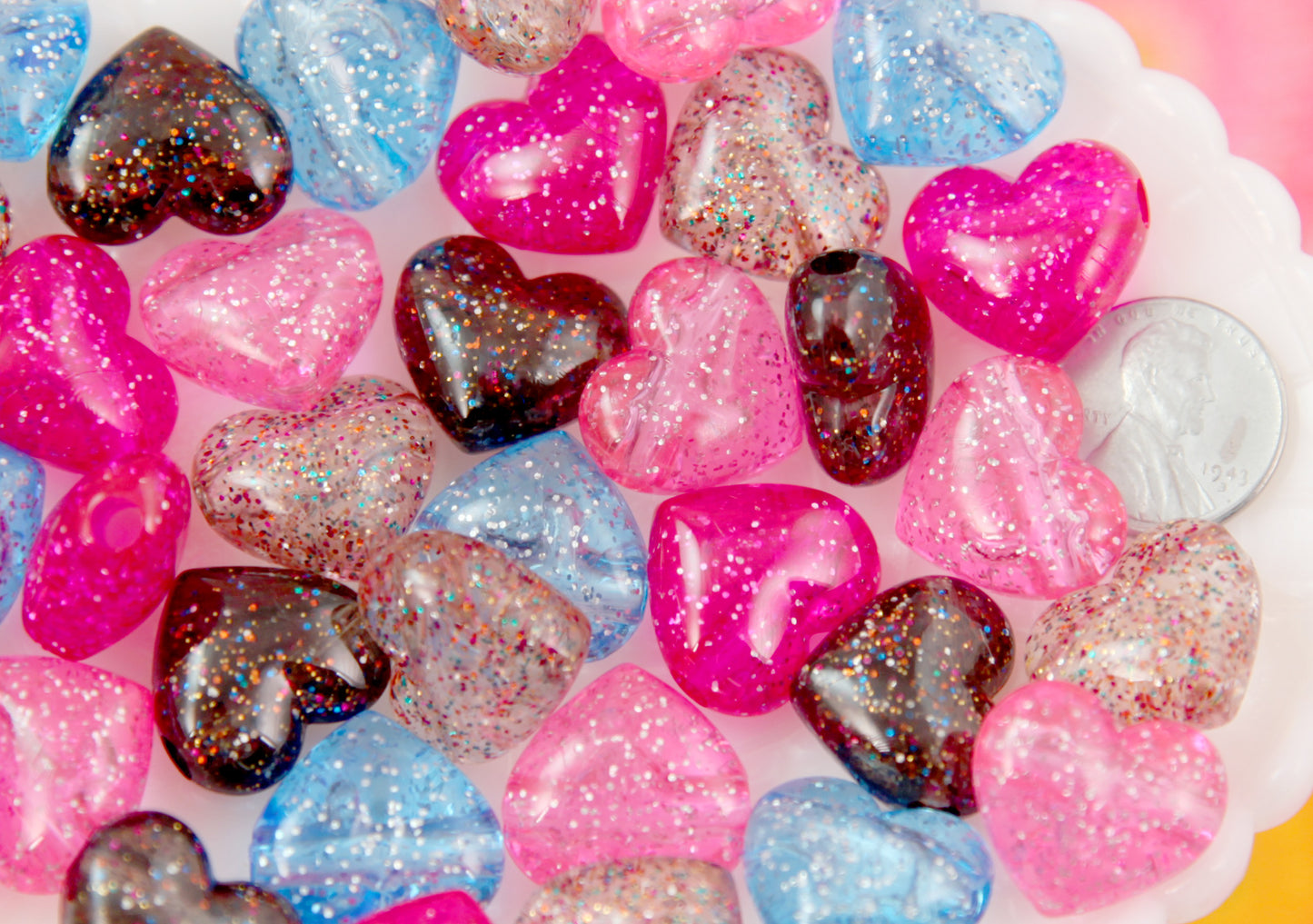 Glitter Heart Beads - 17mm Colorful Glitter Puffy Heart Acrylic or Resin Beads - 25 pcs set