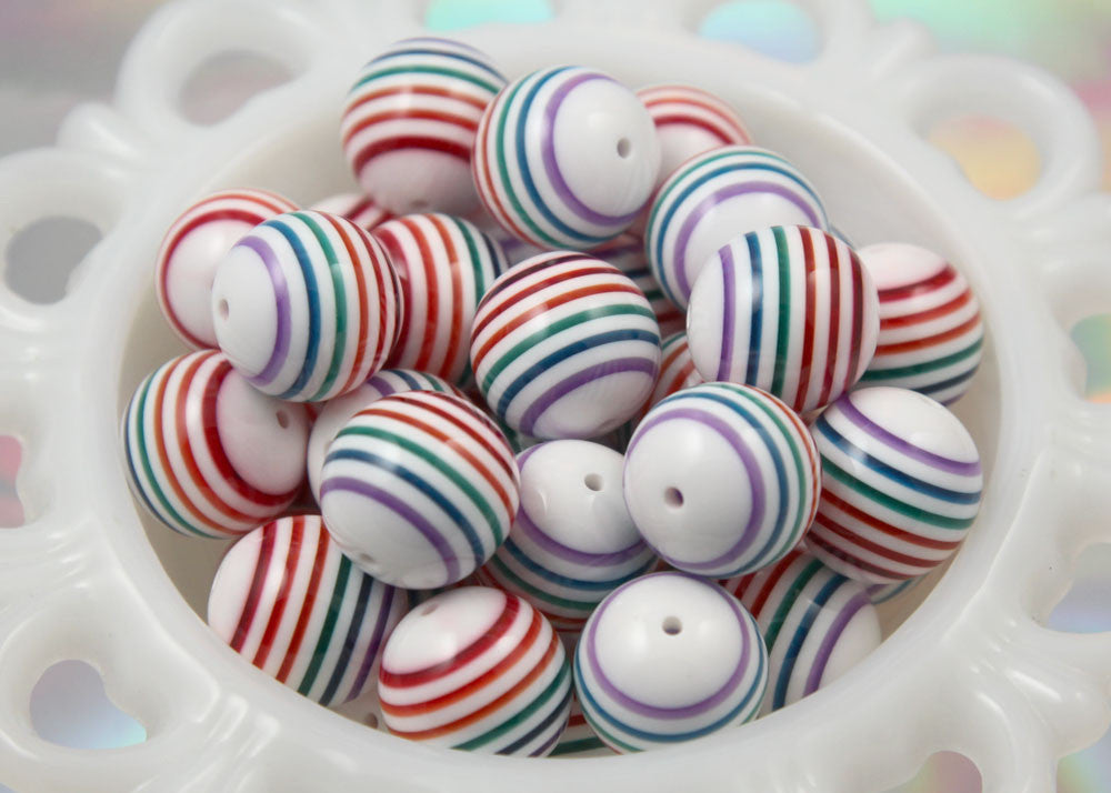 Chunky Bubblegum Beads - 18mm White Rainbow Stripe Resin Beads - 10 pc set