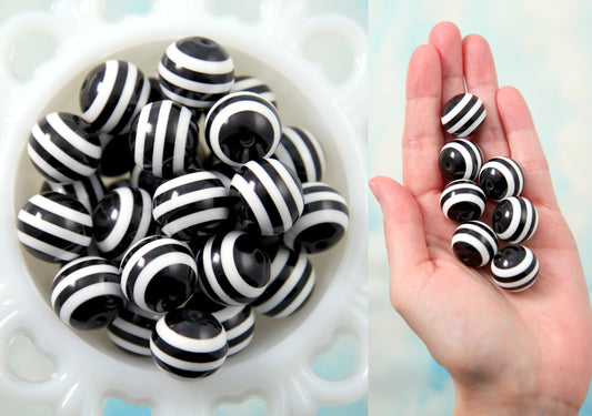Black and White Striped Resin Beads - 20mm Halloween Stripe Chunky Round Acrylic or Resin Beads - 8 pc set