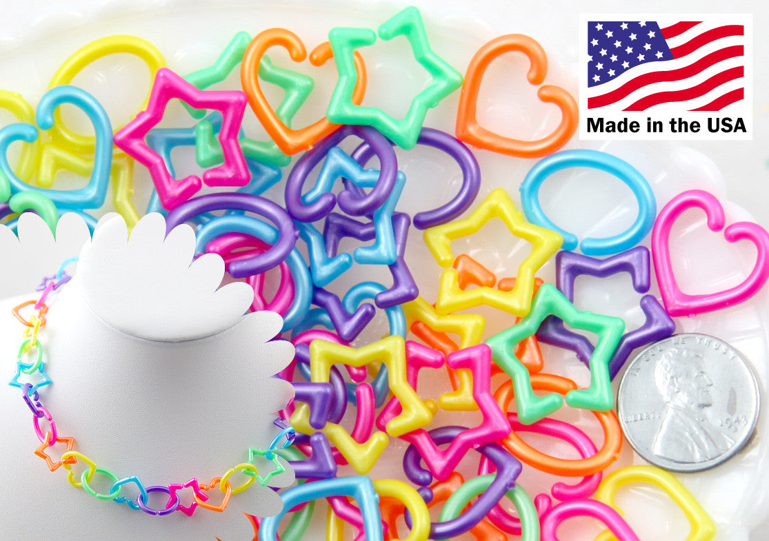 Cute Shapes Plastic Chain Links - 20mm Pearly Bright Colorful Star Heart and Oval Shape Plastic or Acrylic Chain Links - 200 pc set