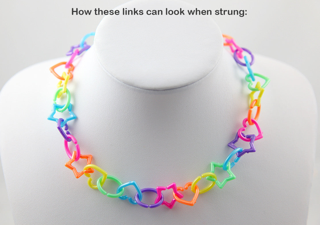 Cute Shapes Plastic Chain Links - 20mm Pearly Bright Colorful Star Heart and Oval Shape Plastic or Acrylic Chain Links - 200 pc set