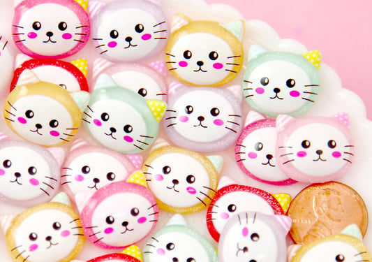 Kitty Cabochon - 20mm Colorful Kitty Cat Multi Color Flat Back Resin Cabochons - 12 pc set