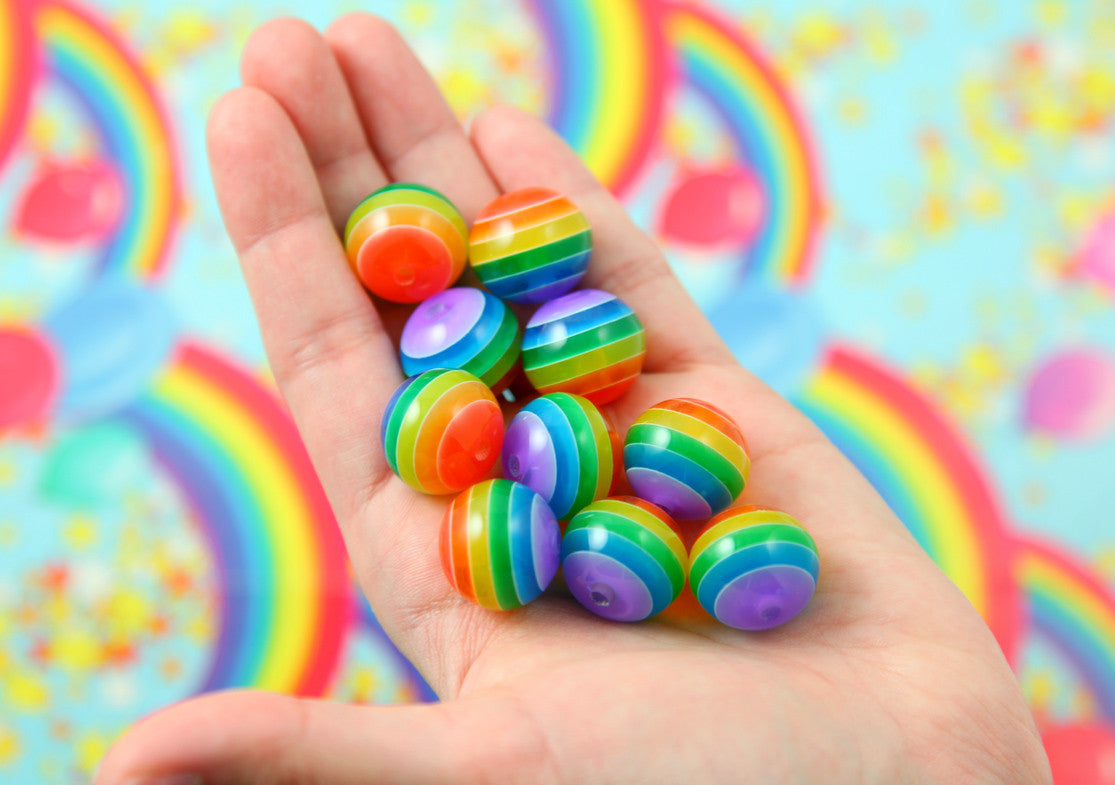 Rainbow Beads - 20mm Chunky Translucent Rainbow Striped Resin Beads - 10 pc set
