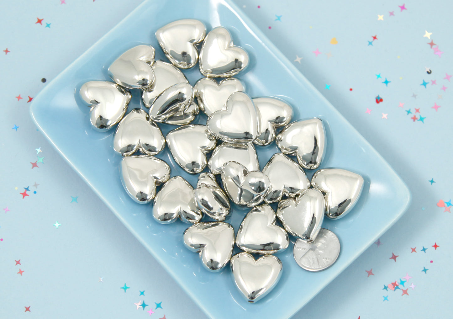Big Silver Heart Beads - 22mm Electroplated Plastic Silver Heart Beads - Easy to Make into Jewelry - 12 pc set