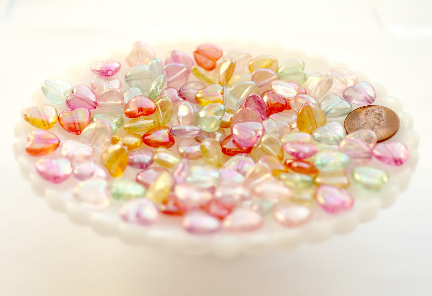 Heart Beads - 11mm AB Transparent Iridescent Puffy Heart Acrylic or Resin Beads - 100 pcs set