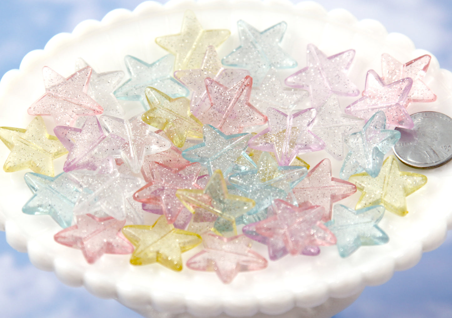 Glitter Star Beads - 22mm Pretty Pastel Glitter Plastic Star Beads - 30 pc set