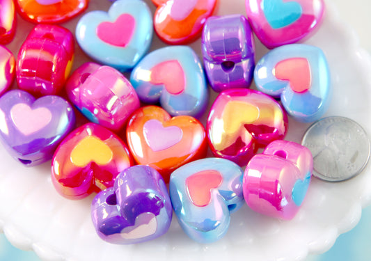 Heart Beads - 22mm Amazing AB Bright Color Opaque Double Heart Acrylic or Resin Beads - 10 pcs set