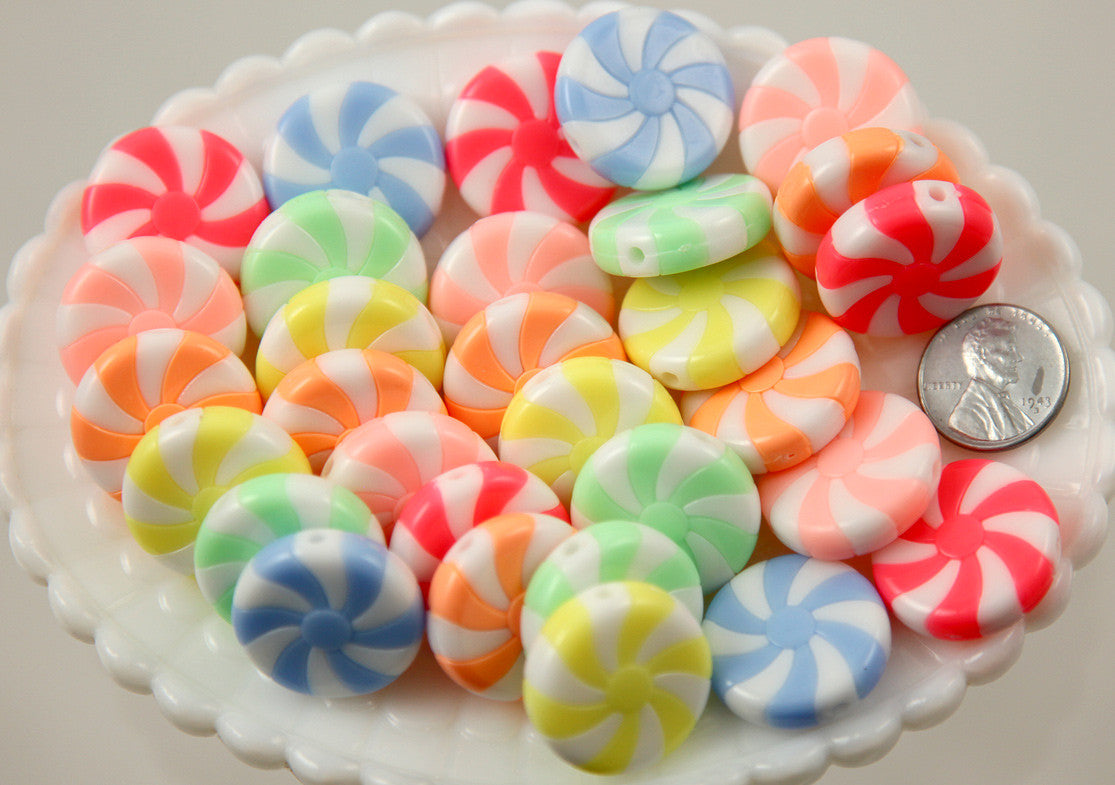 23mm Amazing Peppermint Swirl Beads Bright Pastel Color Candy Shape Chunky Acrylic or Resin Beads - 12 pc set