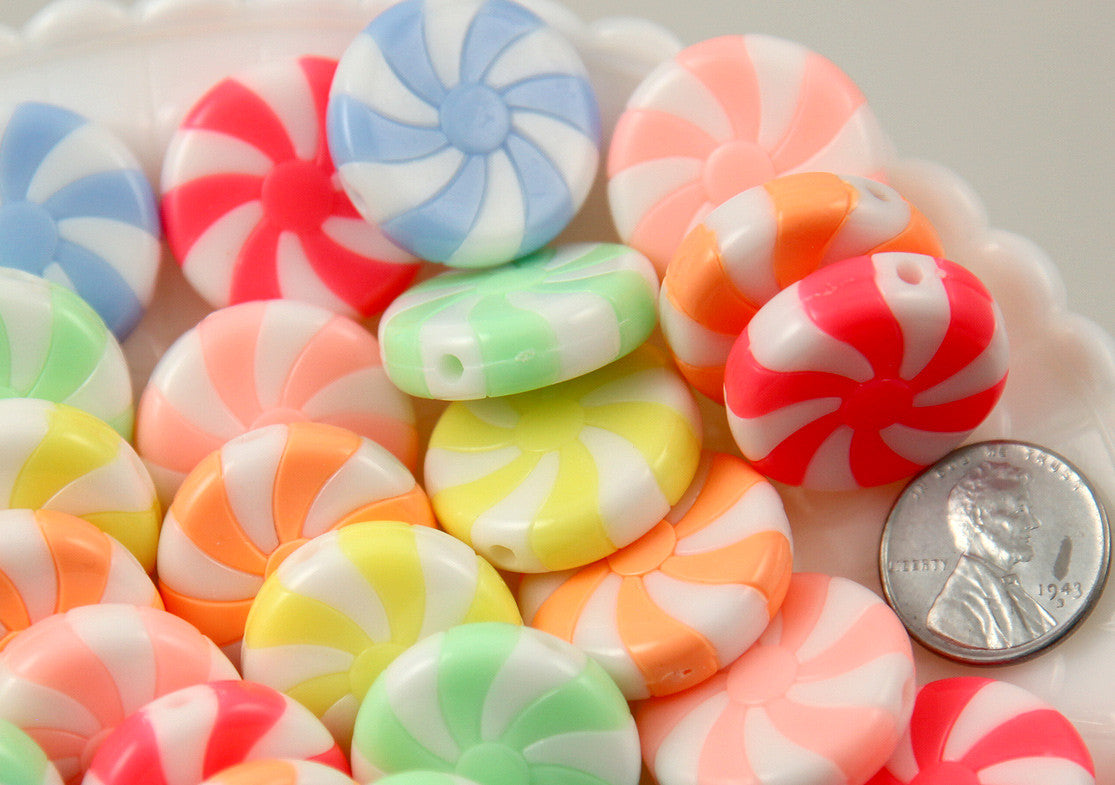 23mm Amazing Peppermint Swirl Beads Bright Pastel Color Candy Shape Chunky Acrylic or Resin Beads - 12 pc set