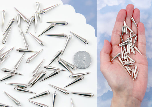 Spike Charms - 30 pc set - 23mm Spiky Charm - Electroplated Silver - With Holes to Easily make Jewelry
