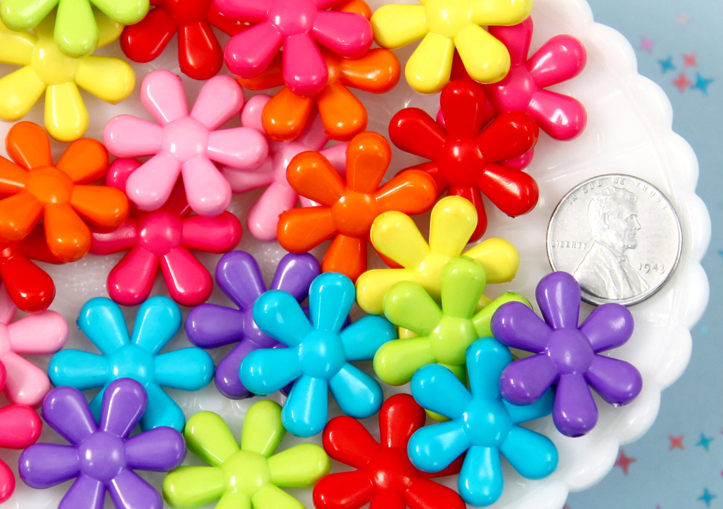 Flower Beads - 23mm Big Colorful Opaque Retro Flower Bead Plastic Acrylic or Resin Beads – 40 pc set