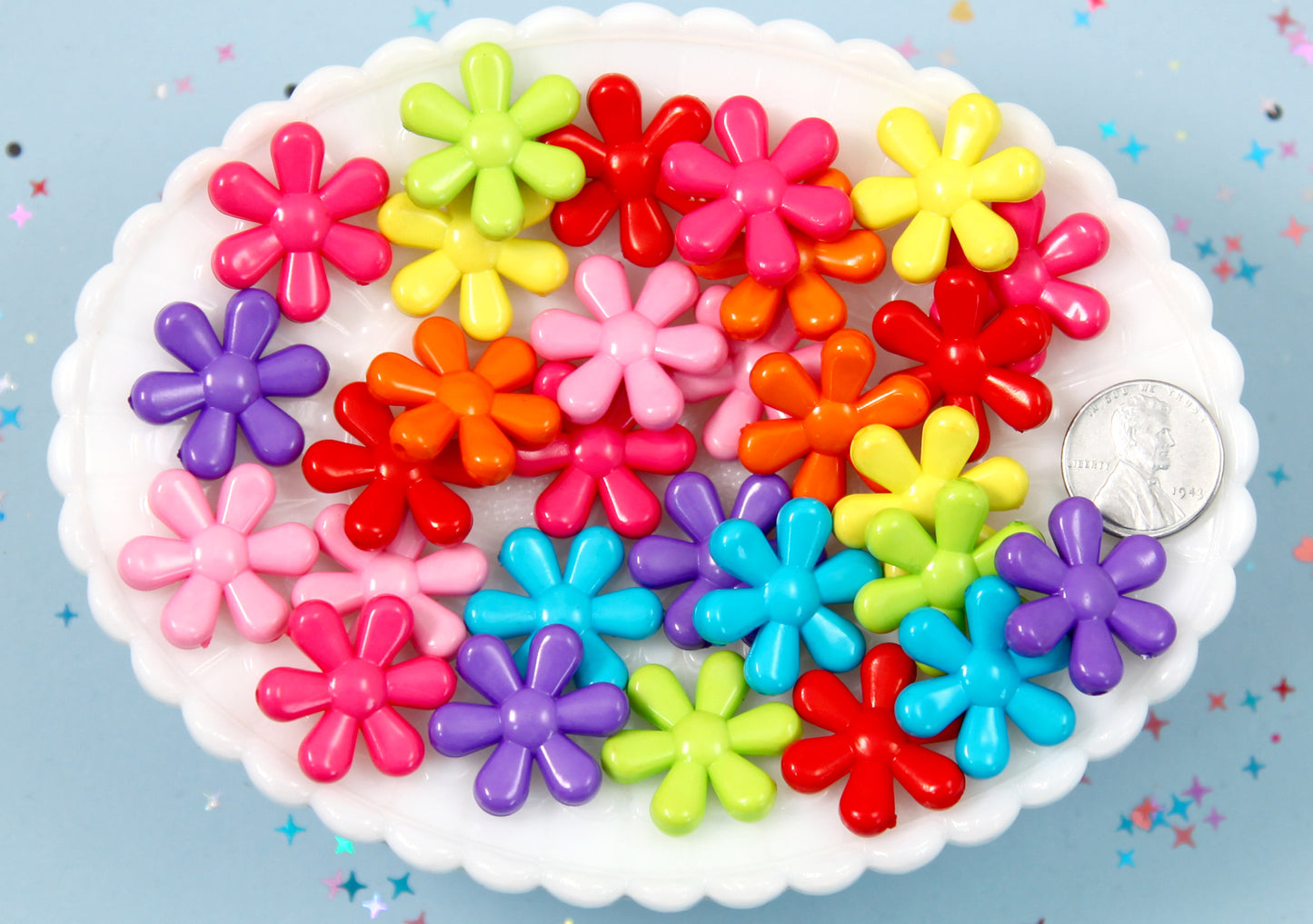 Flower Beads - 23mm Big Colorful Opaque Retro Flower Bead Plastic Acrylic or Resin Beads – 40 pc set