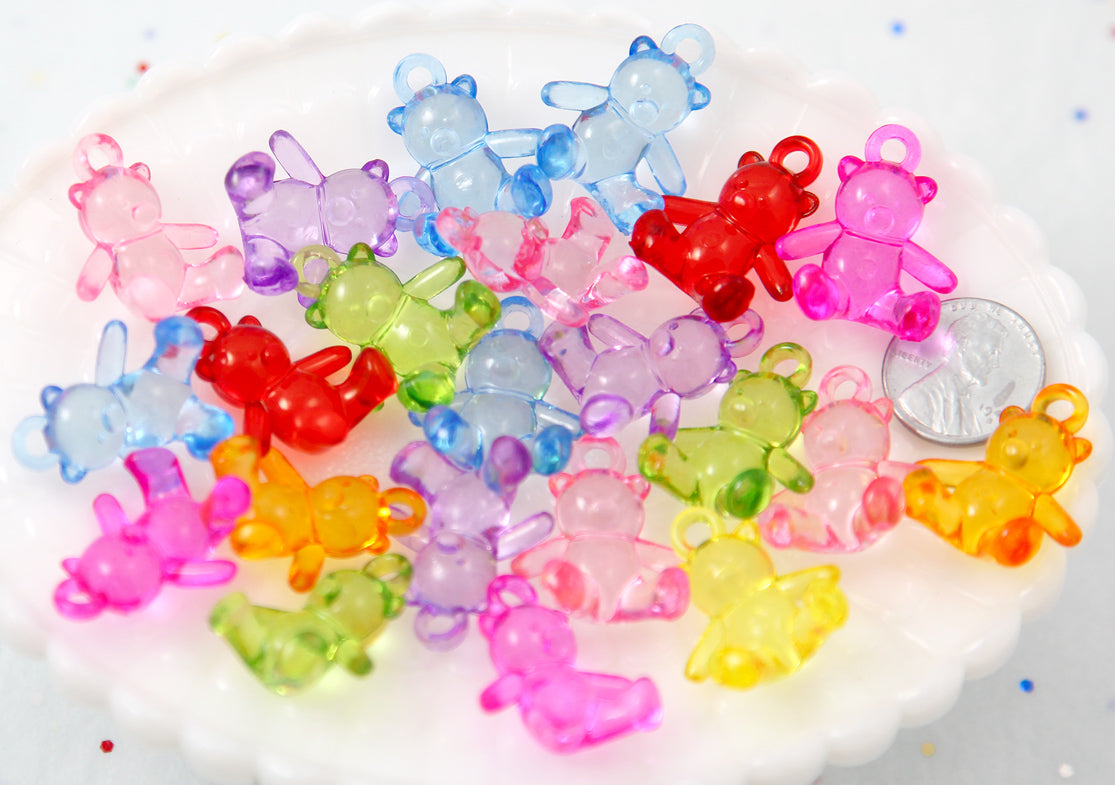 Teddy Bear Charms - 25mm Little 3D Bears Colorful Acrylic Charms or Pendants - 16 pc set