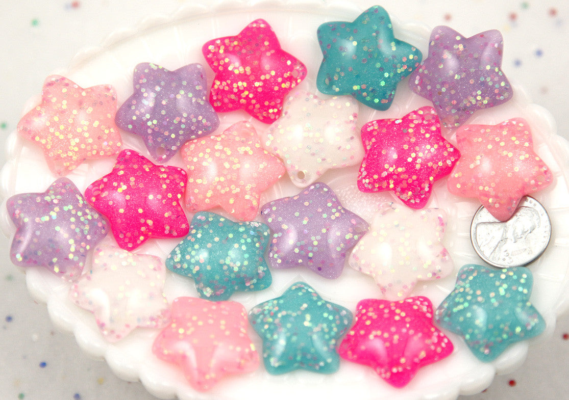 25mm Cute Rounded Pastel Stars Stardust Resin Cabochons Charms or Pendants - 7 pc set