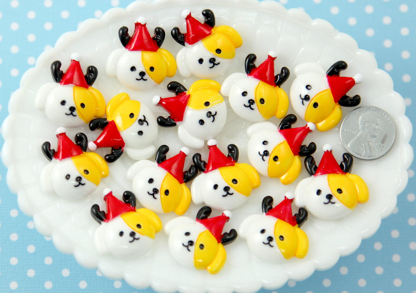 Christmas Cabochons - 20mm Super Cute Reindeer Puppy Dog Christmas Resin Cabochons or Charms - 6 pcs set