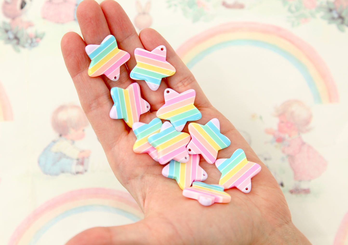 Pastel Rainbow Star Charms - 25mm Pastel Rainbow Star Resin Charms or Pendants - 6 pc set