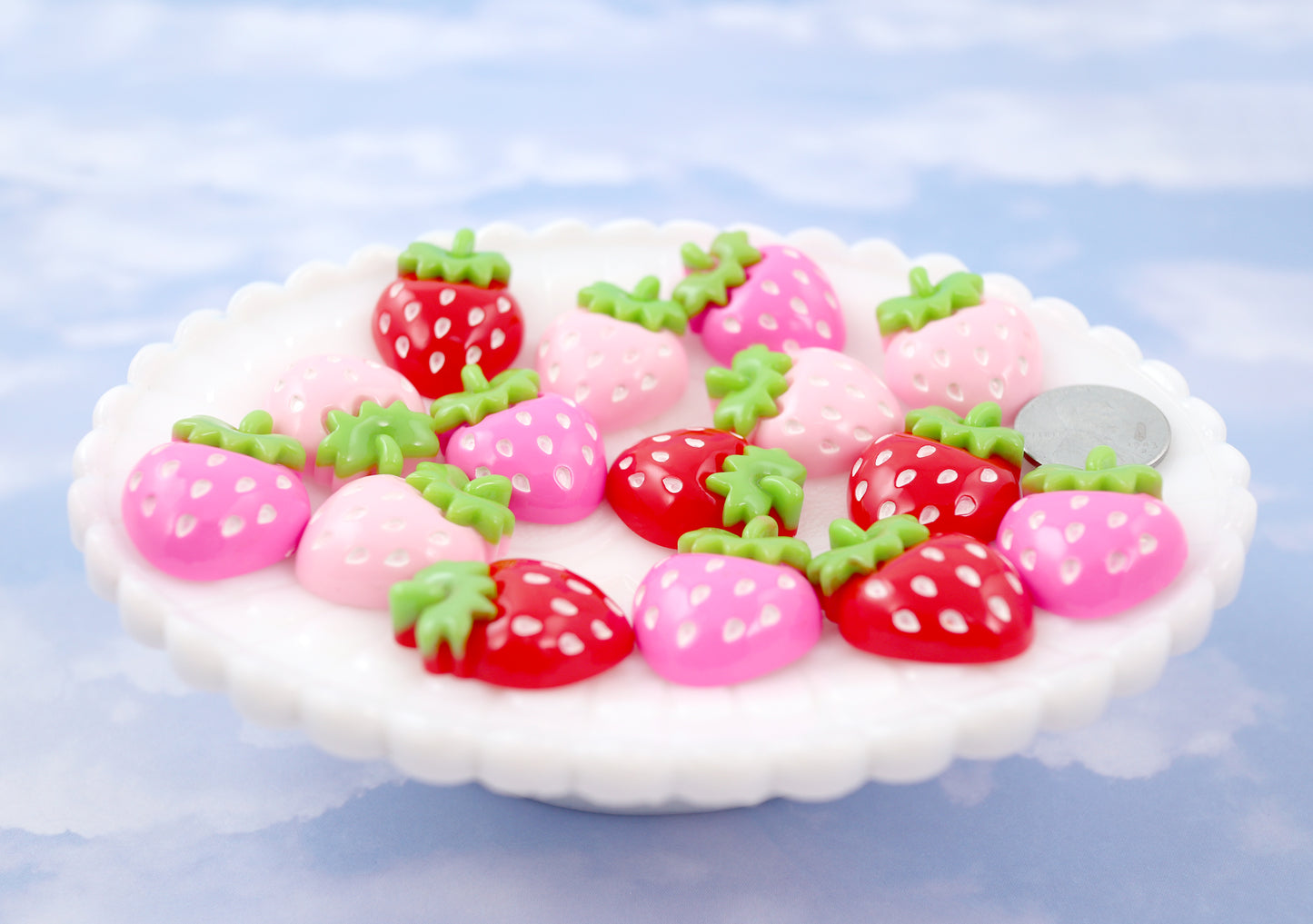 Strawberry Cabochons - 27mm Cute Chunky Strawberry Mix Acrylic or Resin Flatback Cabochons - 6 pc set