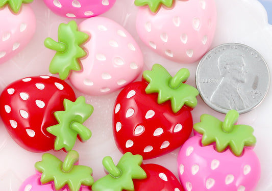 Strawberry Cabochons - 27mm Cute Chunky Strawberry Mix Acrylic or Resin Flatback Cabochons - 6 pc set