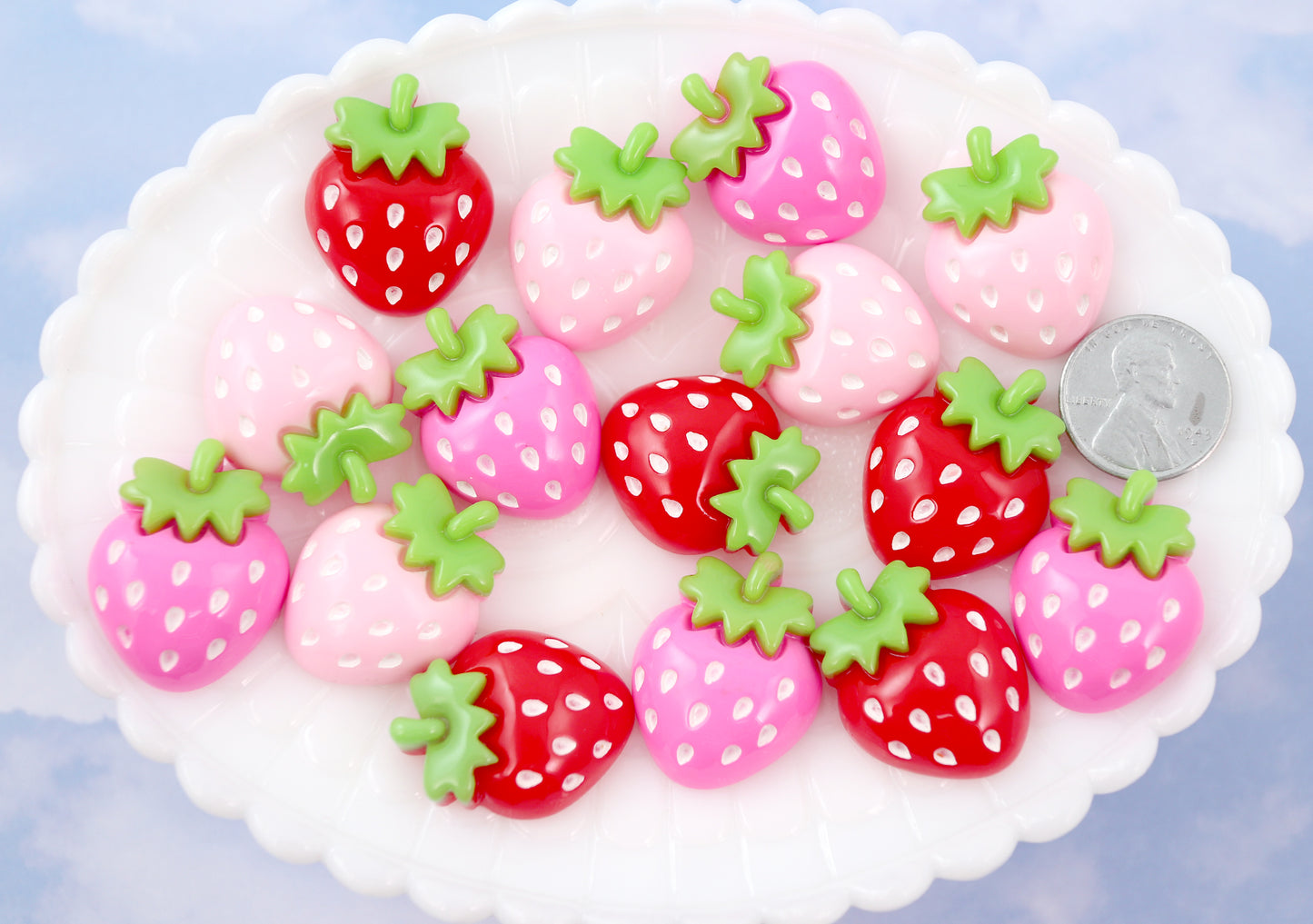 Strawberry Cabochons - 27mm Cute Chunky Strawberry Mix Acrylic or Resin Flatback Cabochons - 6 pc set