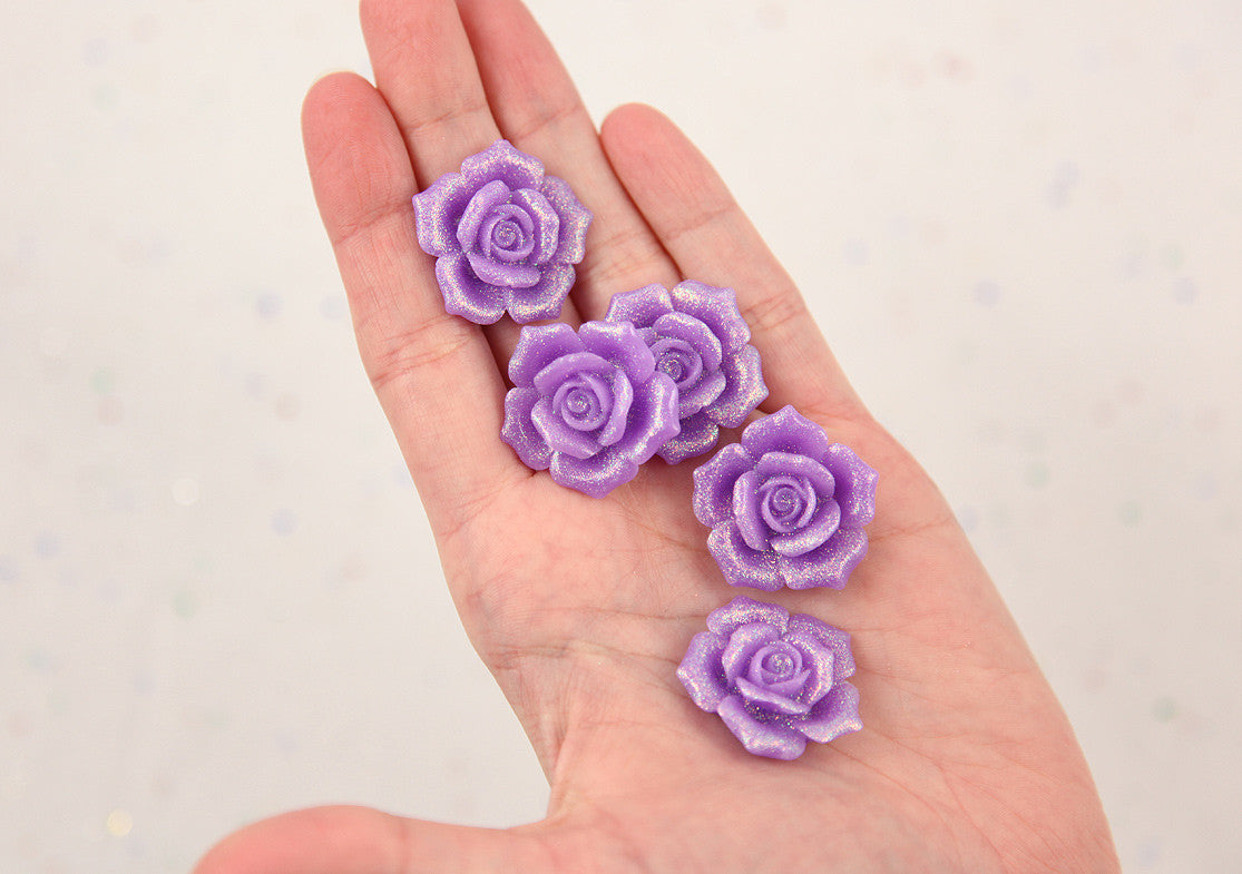 28mm Beautiful Purple Glitter Rose Resin Cabochons, Large Size - 5 pc set
