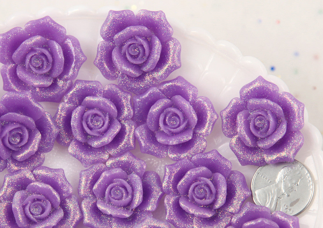 28mm Beautiful Purple Glitter Rose Resin Cabochons, Large Size - 5 pc set