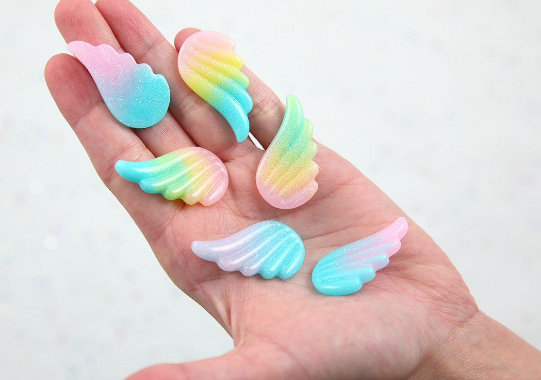 Pastel Wing Cabochons - 40mm Pastel Shimmer Rainbow Wing Resin Flat back Cabochons - 8 pc set