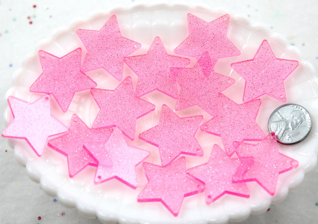 Star Charms - 30mm Pink Glitter Translucent Star Resin Charms - 6 pc set