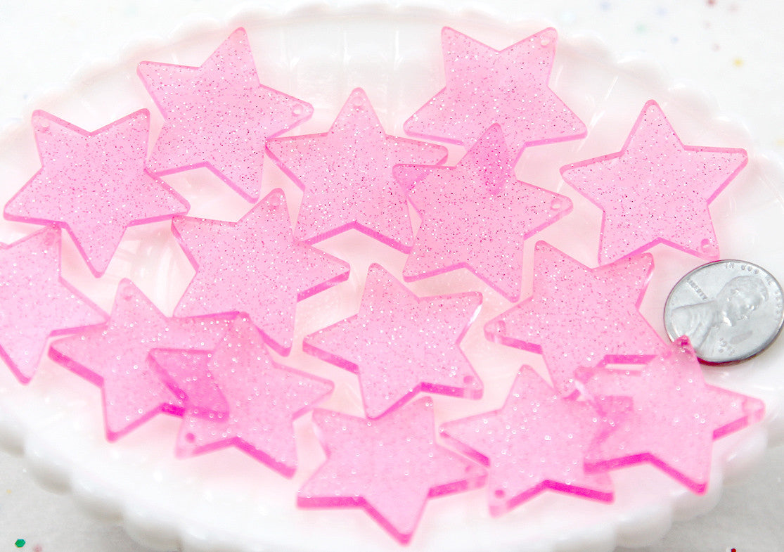 Star Charms - 30mm Pink Glitter Translucent Star Resin Charms - 6 pc set