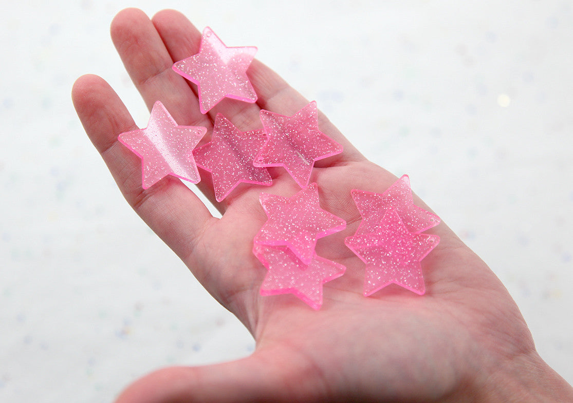 Star Charms - 30mm Pink Glitter Translucent Star Resin Charms - 6 pc set