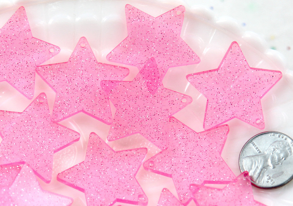 Star Charms - 30mm Pink Glitter Translucent Star Resin Charms - 6 pc set