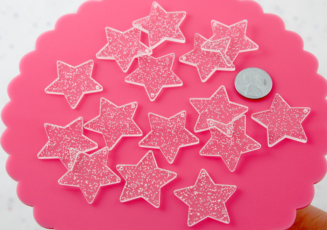 Glitter Star Charms - 30mm White Glitter Stars Resin Charms - 6 pc set