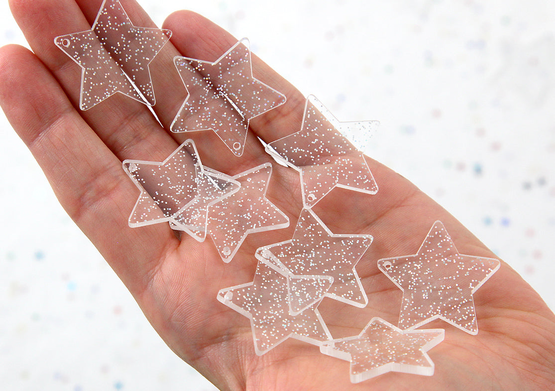 Glitter Star Charms - 30mm White Glitter Stars Resin Charms - 6 pc set