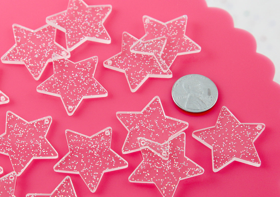 Glitter Star Charms - 30mm White Glitter Stars Resin Charms - 6 pc set