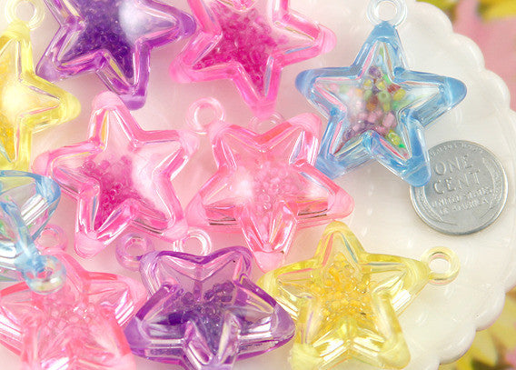 35mm Super Fun Inner Bead Star Plastic Charms or Pendants – 5 pc set